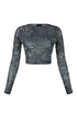 Break It Off Denim Print Mesh Top Crop Top EDGE Small Black